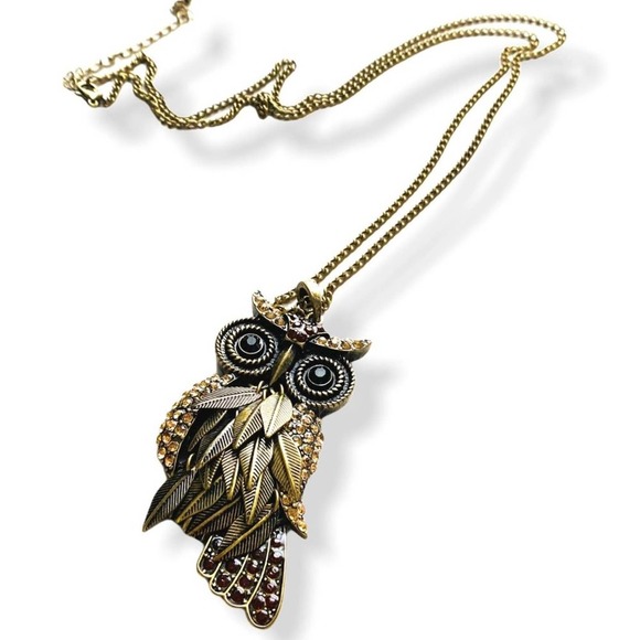 Owl Pendant Necklace Long Metal & Rhinestone Burnished Gold Boho Cottage - Picture 5 of 7